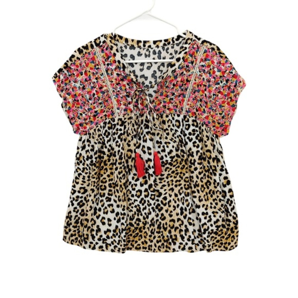 Savanna Jane Womens Leopard Maximalist Cat Floral Embroidered Peplum Lace Top M